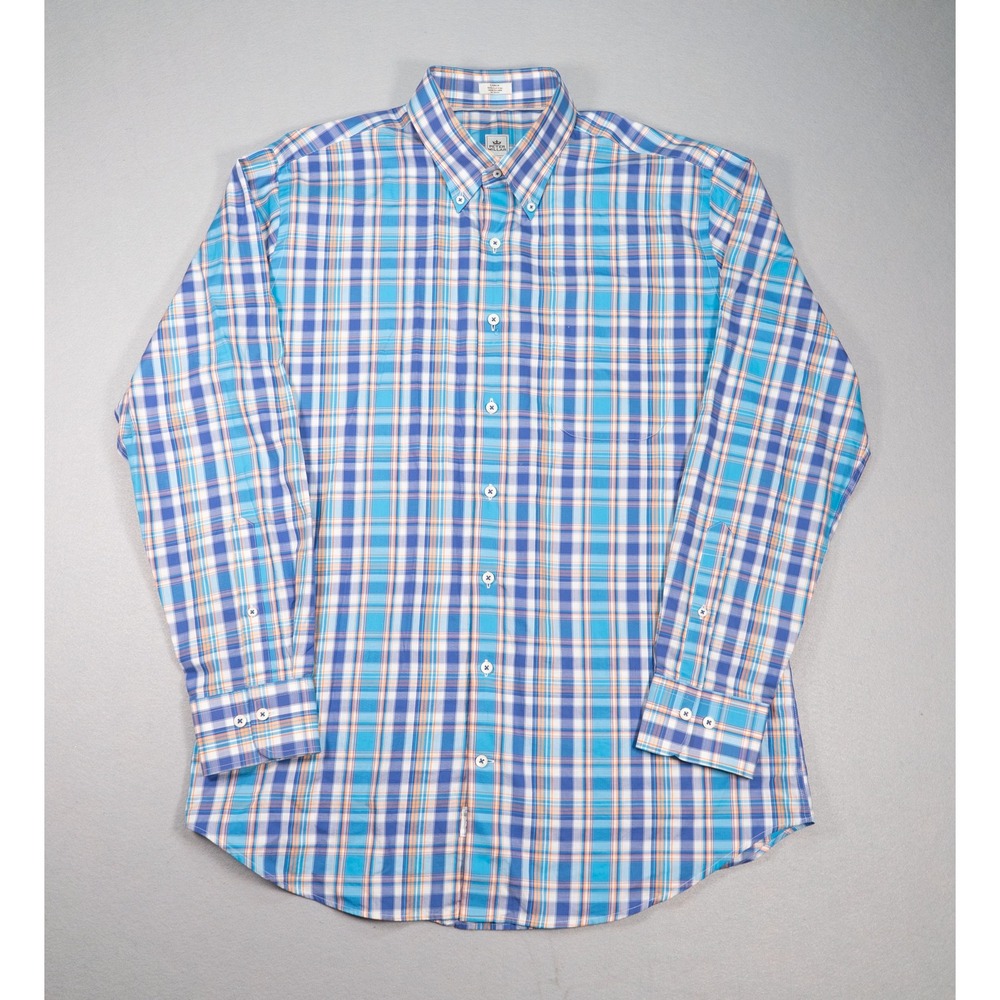 Peter Millar Mens Large Blue Orange Plaid Cotton Long Sleeve Button Down Shirt